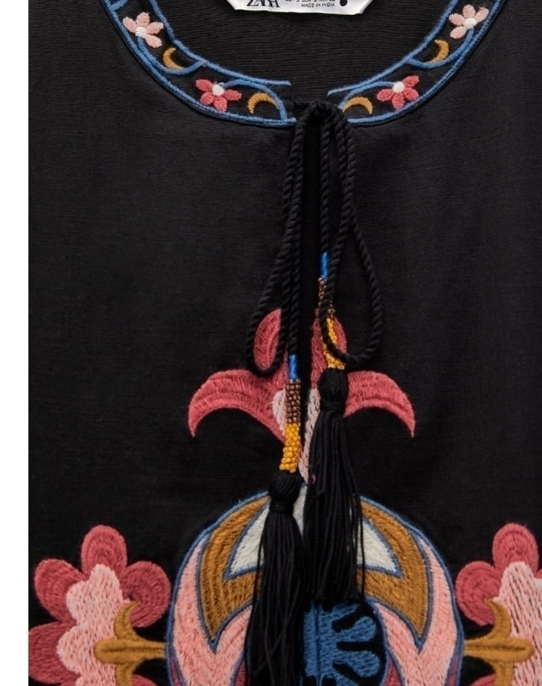 Zara Short Embroidered Cotton Linen Blend Dress Sz-M - Picture 5 of 10